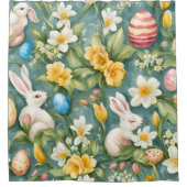 バニー、春の花、イースターエッグ。絵画の シャワーカーテン (正面)