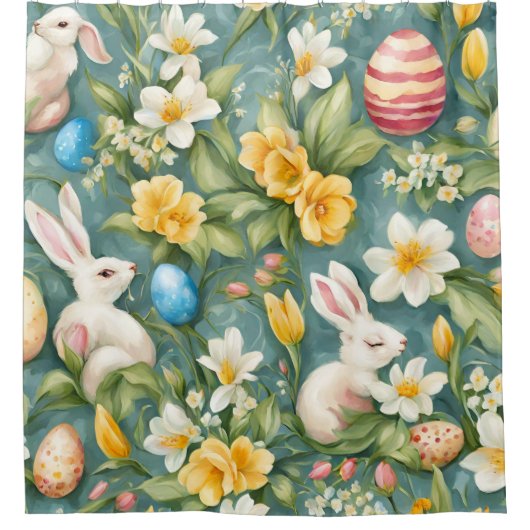 バニー、春の花、イースターエッグ。絵画の シャワーカーテン (正面)