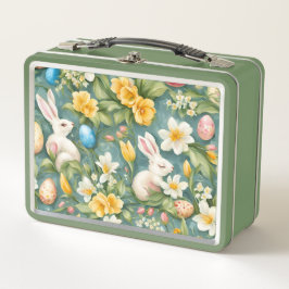 バニー、春の花、イースターエッグ。絵画の メタルランチボックス