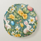 バニー、春の花、イースターエッグ。絵画の ラウンドクッション (正面)