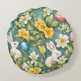 バニー、春の花、イースターエッグ。絵画の ラウンドクッション