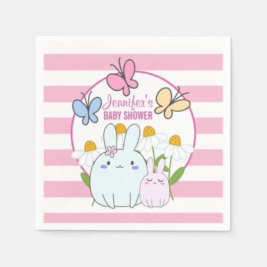 バニー、蝶とデイジー赤ちゃんシャワー スタンダードカクテルナプキン (正面)