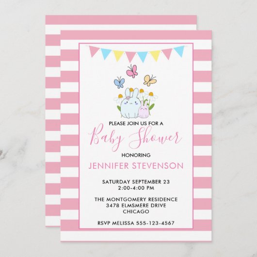 バニー、蝶とデイジー赤ちゃんシャワー 招待状 (正面/裏面)