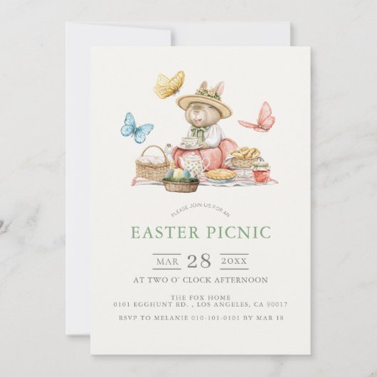 バニー&蝶ティーパーティーイースターピクニック 招待状 (正面)