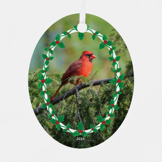 バニー&(鳥)ショウジョウコウカンチョウまたはホリーの写真縁ど メタルオーナメント (正面)
