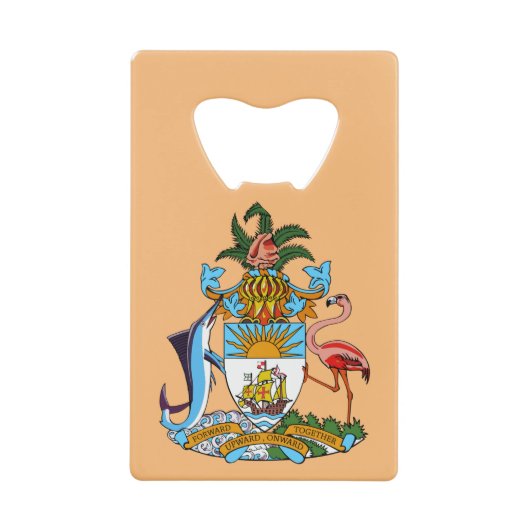 バハマのコート・オブ・アームズ – マーリン、フラミンゴ、コンチ クレジットカード栓抜き (正面)