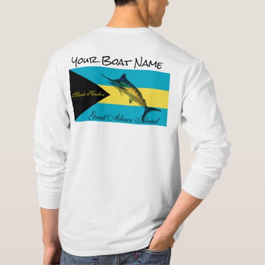 バハマの旗およびマカジキとのあなたのボートの名前 Tシャツ (裏面)