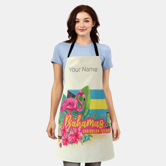 バハマカリブのレトロ島フラミンゴヴィンテージ エプロン (着用した状態)