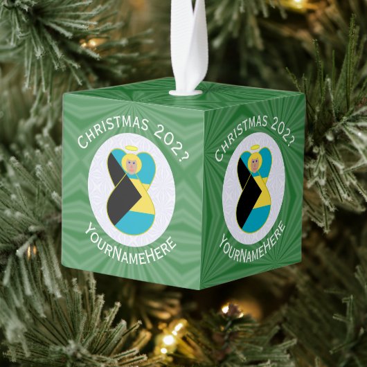 バハマ国旗ブロンデエンジェルクリスマスパーソナライズされた キューブオーナメント (ツリー)