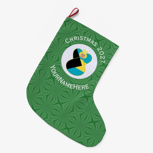 バハマ国旗ブロンデエンジェルクリスマスパーソナライズされた ラージクリスマスストッキング (正面 (吊り時))