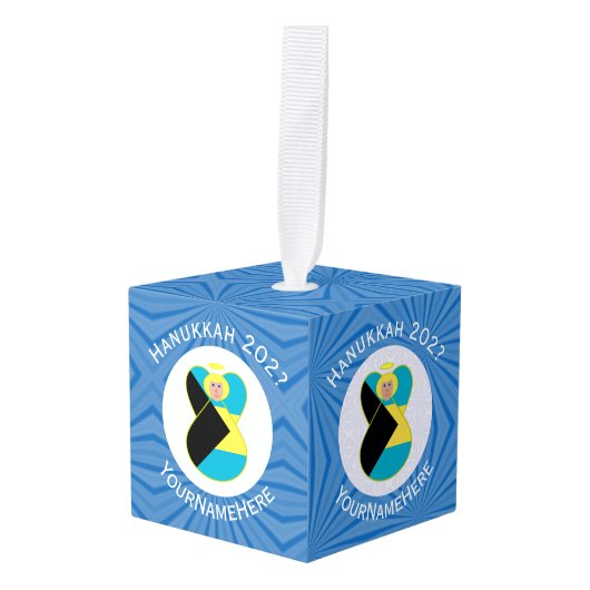 バハマ国旗ブロンドエンジェルパーソナライズされたハヌカ キューブオーナメント (正面アングル)