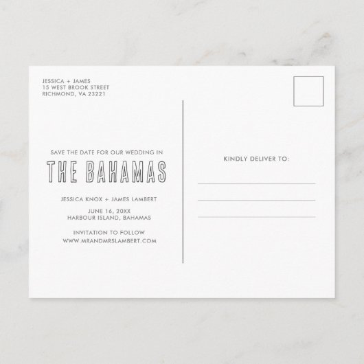 バハマ宛先ビーチ結婚式日付の保存 案内ポストカード (裏面)