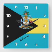 バハマ時計、愛国心のある故郷、バハマ国旗 スクエア壁時計 (正面)