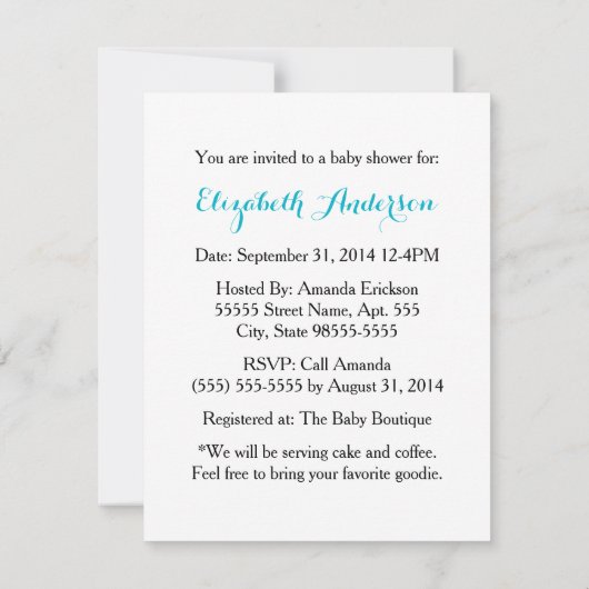 バビィガーリーーシャワーかわいいターコイズの弓付き傘 招待状 (裏面)