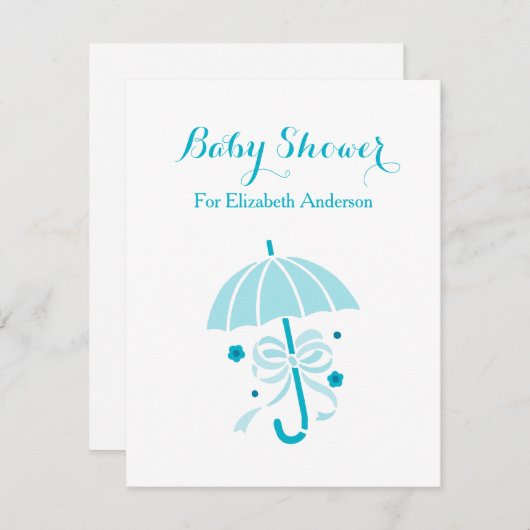 バビィガーリーーシャワーかわいいターコイズの弓付き傘 招待状 (正面/裏面)