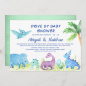 バビーシャワーで恐竜をドライブかわいい 案内状 (正面/裏面)