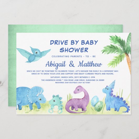 バビーシャワーで恐竜をドライブかわいい 案内状 (正面/裏面)