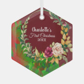 バビーズファーストクリスマスウォーターカラーフローラリースカスタム ガラスオーナメント (正面)