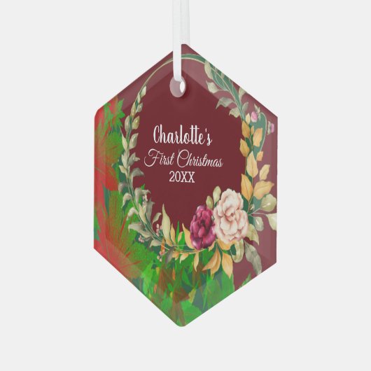 バビーズファーストクリスマスウォーターカラーフローラリースカスタム ガラスオーナメント (正面左)