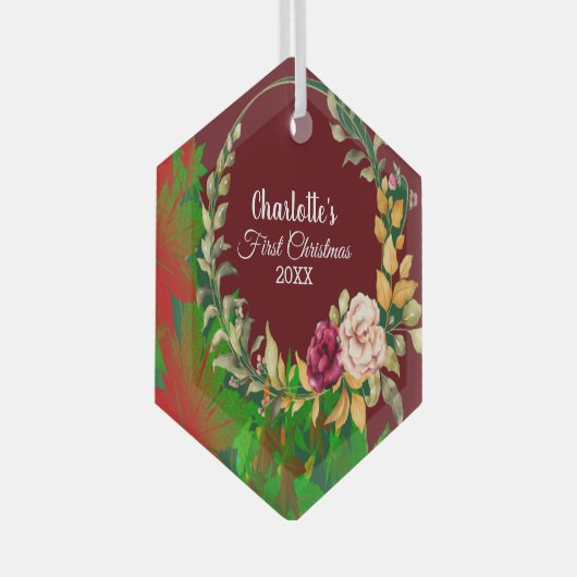 バビーズファーストクリスマスウォーターカラーフローラリースカスタム ガラスオーナメント (正面右)
