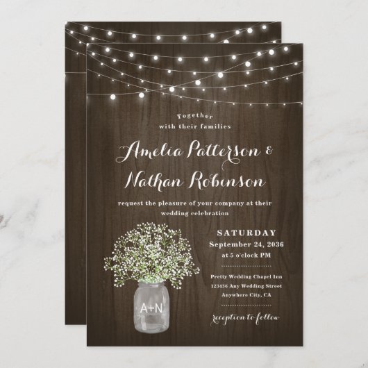 バビーズブレスメイソン素朴ジャーのフェアリー結婚ライツ 招待状 (正面/裏面)