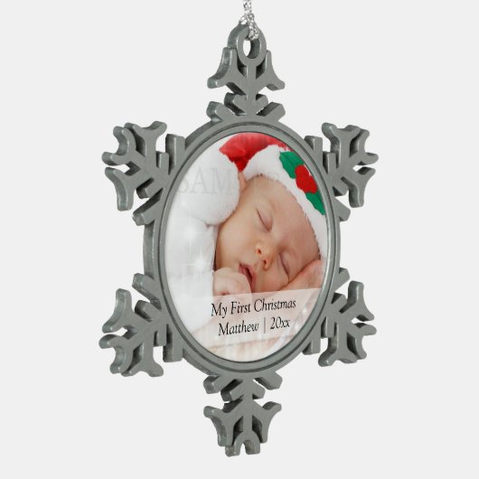 バビーズ初めてのクリスマスパーソナライズされた写真テンプレート スノーフレークピューターオーナメント (左)