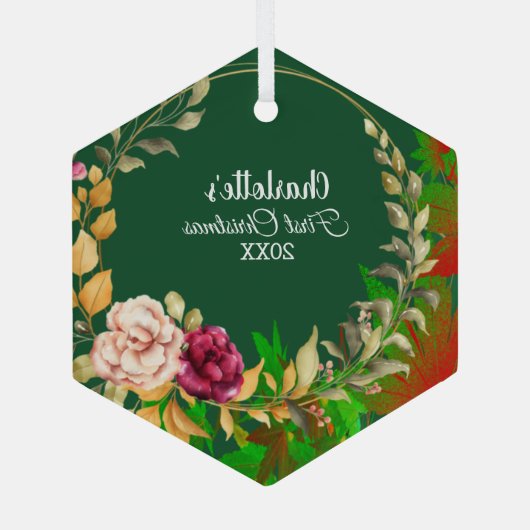 バビーズ1stクリスマスウォーター色フローラリースグリーン ガラスオーナメント (裏面)