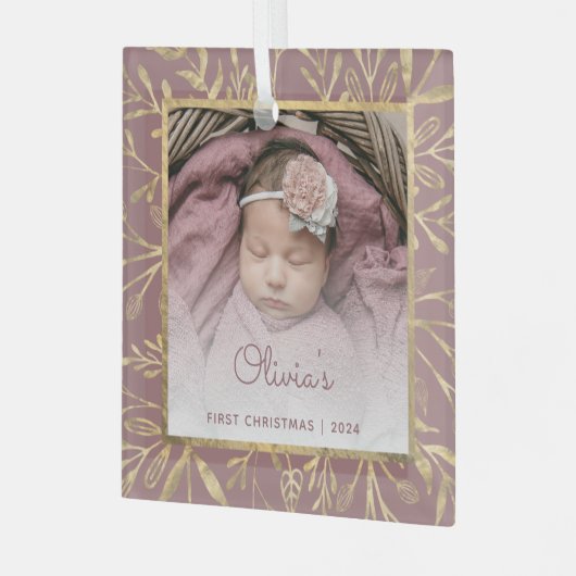 バビーズ1stクリスマスフォトダスティーバラ金ゴールドの葉 ガラスオーナメント (正面左)