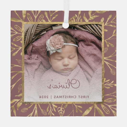 バビーズ1stクリスマスフォトダスティーバラ金ゴールドの葉 ガラスオーナメント (裏面)