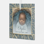 バビーズ1stクリスマスフォトティール（緑がかった色）ブルー金ゴールドの葉 ガラスオーナメント (正面左)