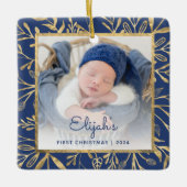 バビーズ1stクリスマスフォトネイビーブルー金ゴールドの葉 セラミックオーナメント (正面)