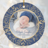 バビーズ1stクリスマスフォト金ゴールドの葉ネイビーブルー セラミックオーナメント