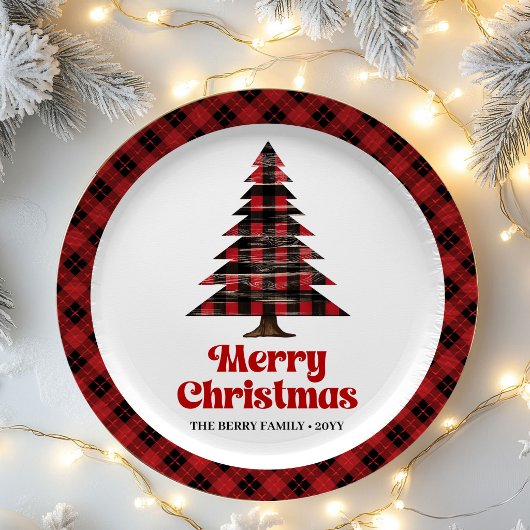 バファロー・チェック柄クリスマスツリー名入り紙皿 ペーパープレート