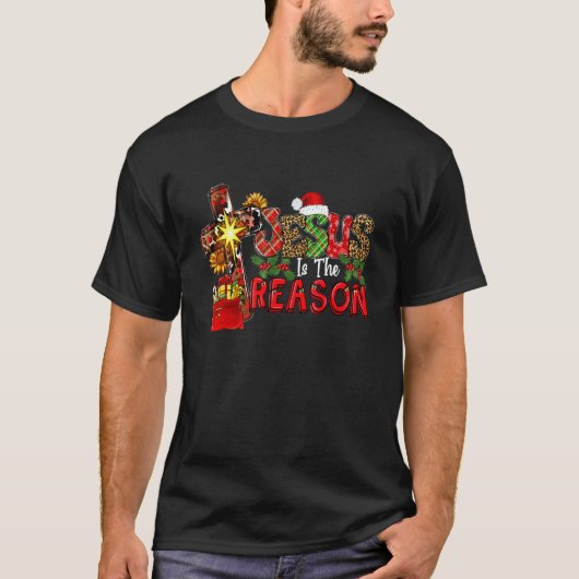 バファロー・チェック柄ヒョウ柄 イエス様はクリスマスの理由 Tシャツ (正面)