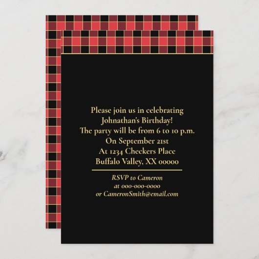 バフアローチェックパターンカスタムカラーSVGパーティー 招待状 (正面/裏面)