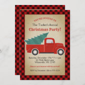 バフアロープリントの赤いトラックと木のクリスマスパーティー 招待状 (正面/裏面)