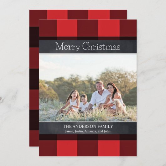 バフアロープレイドとブラックボードのクリスマス写真 シーズンカード (正面/裏面)