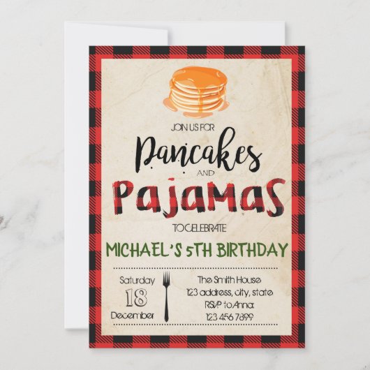 バフアロープレイドのパ pancake pjs パーティー招待状 招待状 (正面)