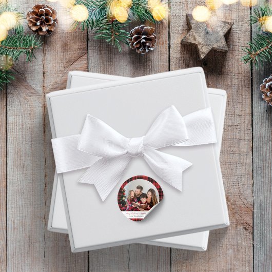 バフアロープレイドの丸い写真クリスマスステッカー ラウンドシール