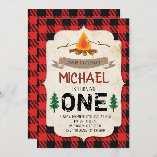 バフアロープレイド焚き火パーティー招待状 招待状 (正面/裏面)
