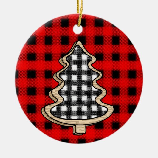 バフアロープレイド、赤いギンガムのクリスマスツリー セラミックオーナメント (正面)