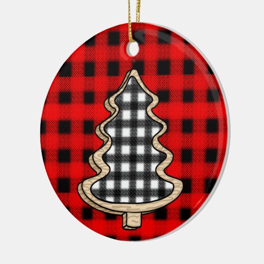 バフアロープレイド、赤いギンガムのクリスマスツリー セラミックオーナメント (左)