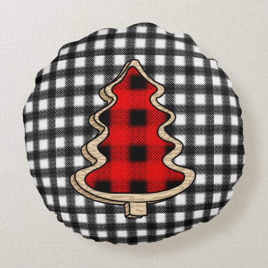 バフアロープレイド、赤いギンガムのクリスマスツリー ラウンドクッション (裏面)