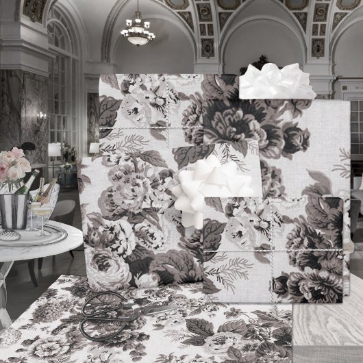 バフグレーブラウントーンヴィンテージフローラトイル ラッピングペーパー