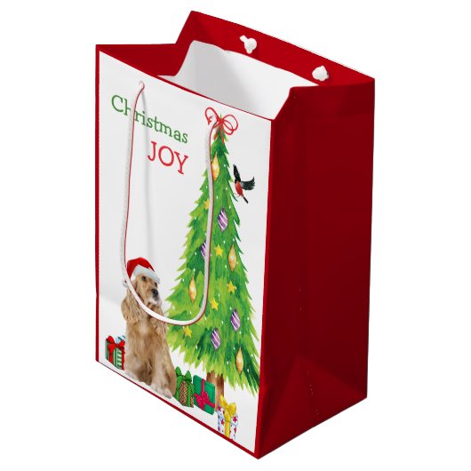 バフコッカースパニエル犬サンタハットとクリスマスツリー ミディアムペーパーバッグ (正面アングル)
