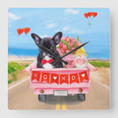 バフランスのルドッグバレンタインデートラック スクエア壁時計 (正面)