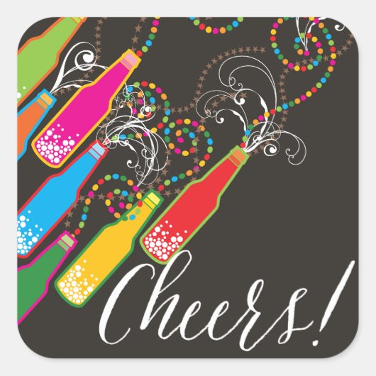 バブカラフルリーボトルモダン応援おもしろい新年 スクエアシール (正面)