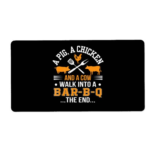 バブク| BBQ愛好者豚の鶏肉牛がBBQバーに歩み入る ラベル (正面)