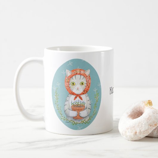 バブシュカキャット グレー タビー 猫 ギフト 名前刺繍可  コーヒーマグカップ (ドーナツ)