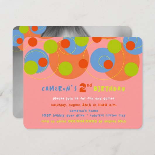 バブリーカラフルドットキッド写真ガールバースデーパーティー 招待状 (正面/裏面)